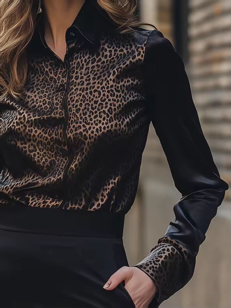 Ciara ™ | Black Leopard-Print Satin Blouse