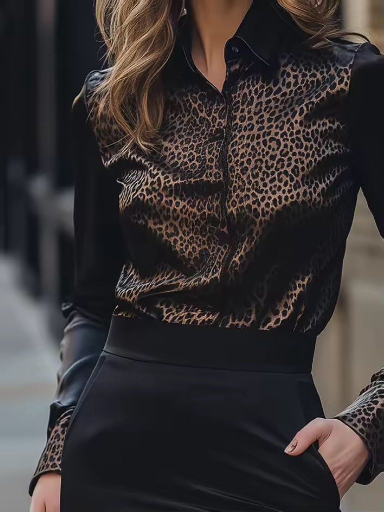 Ciara ™ | Black Leopard-Print Satin Blouse