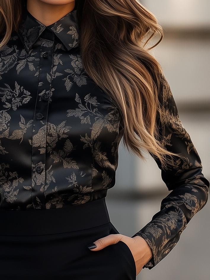 Ciara ™ | Black Floral-Print Satin Blouse