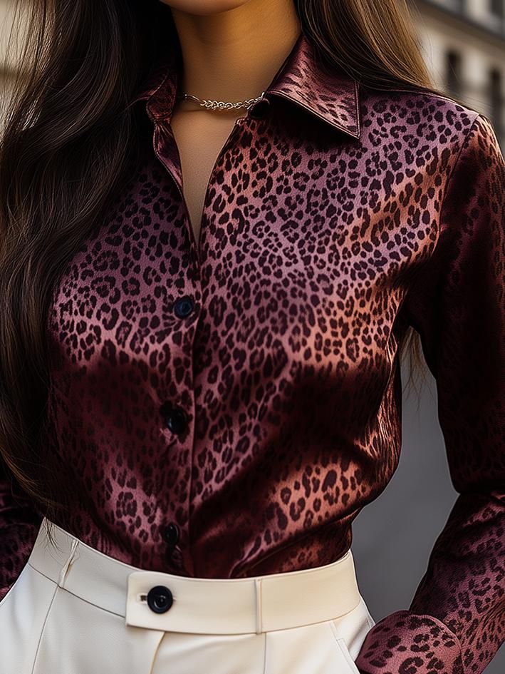 Ciara ™ | Dark Red Leopard Print Satin Blouse