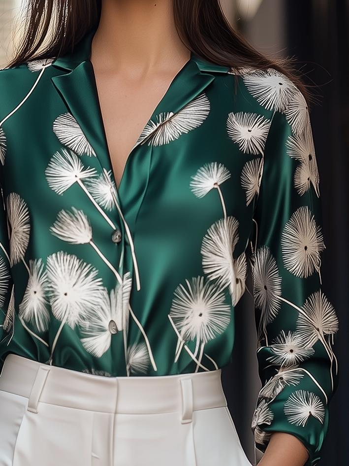 Style ™ | Green Dandelion-Print Satin Blouse