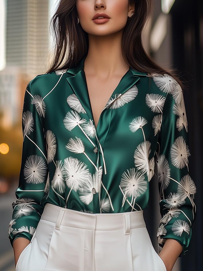 Style ™ | Green Dandelion-Print Satin Blouse