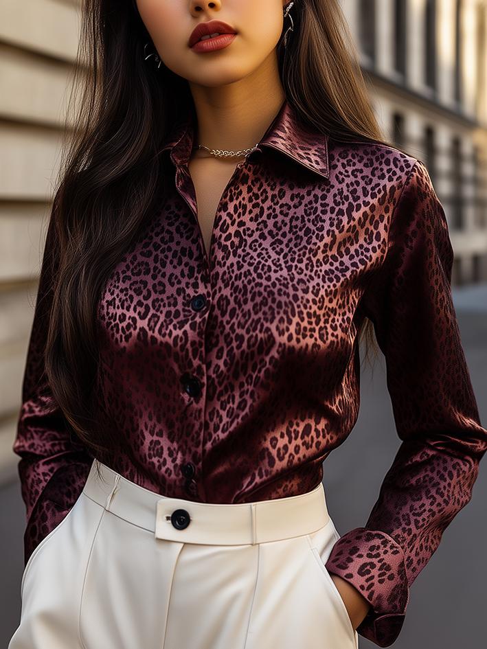 Ciara ™ | Dark Red Leopard Print Satin Blouse