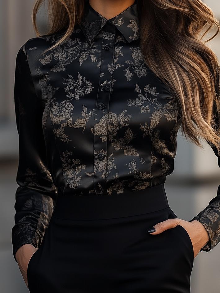 Ciara ™ | Black Floral-Print Satin Blouse