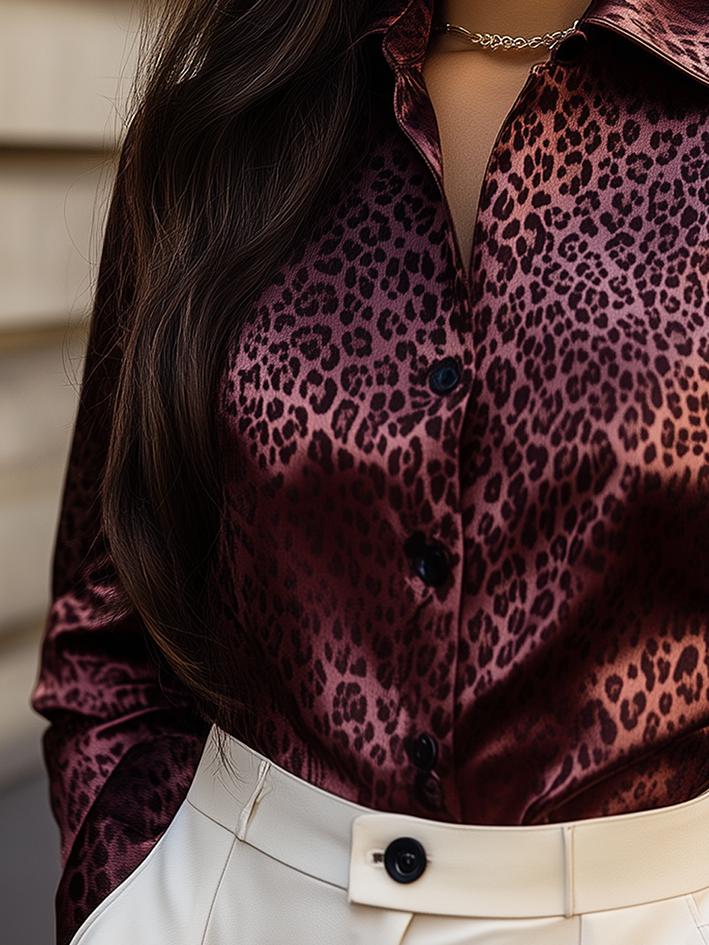 Ciara ™ | Dark Red Leopard Print Satin Blouse